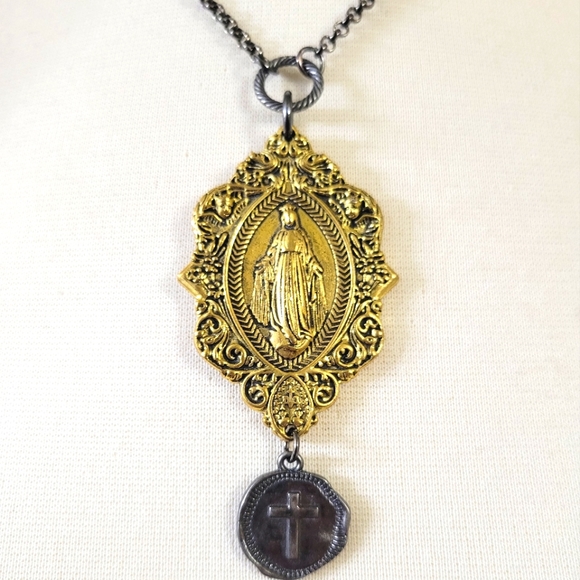 Beautiful Handmade Virgin Mary Religious Charm Necklace in Gold and Gunmetal - Picture 8 of 11